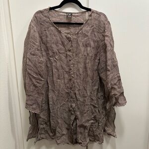 Eileen Fisher Woman Sz 1X 100% Linen Brown Fringed Raw Collar Long Tunic
